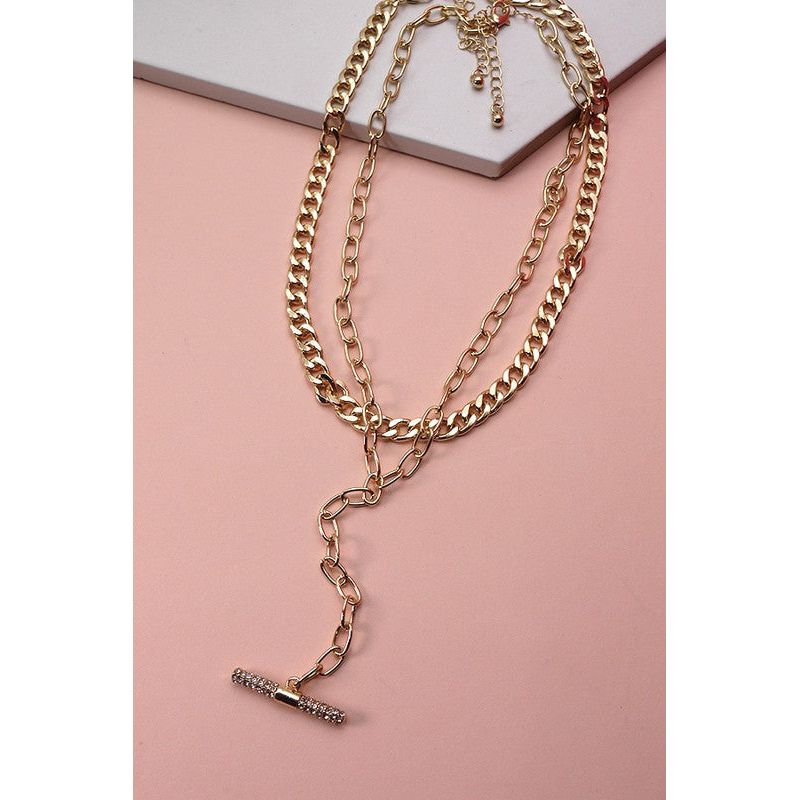 RHINESTONE BAR DOUBLE LAYER Y NECKLACE